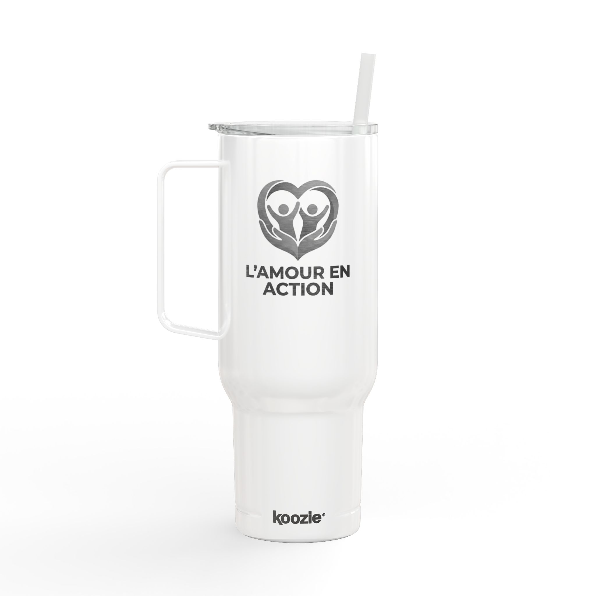 40oz Engraved Travel Tumbler - "L'AMOUR EN ACTION" Heart Logo, Insulated with Lid & Straw – Image 2